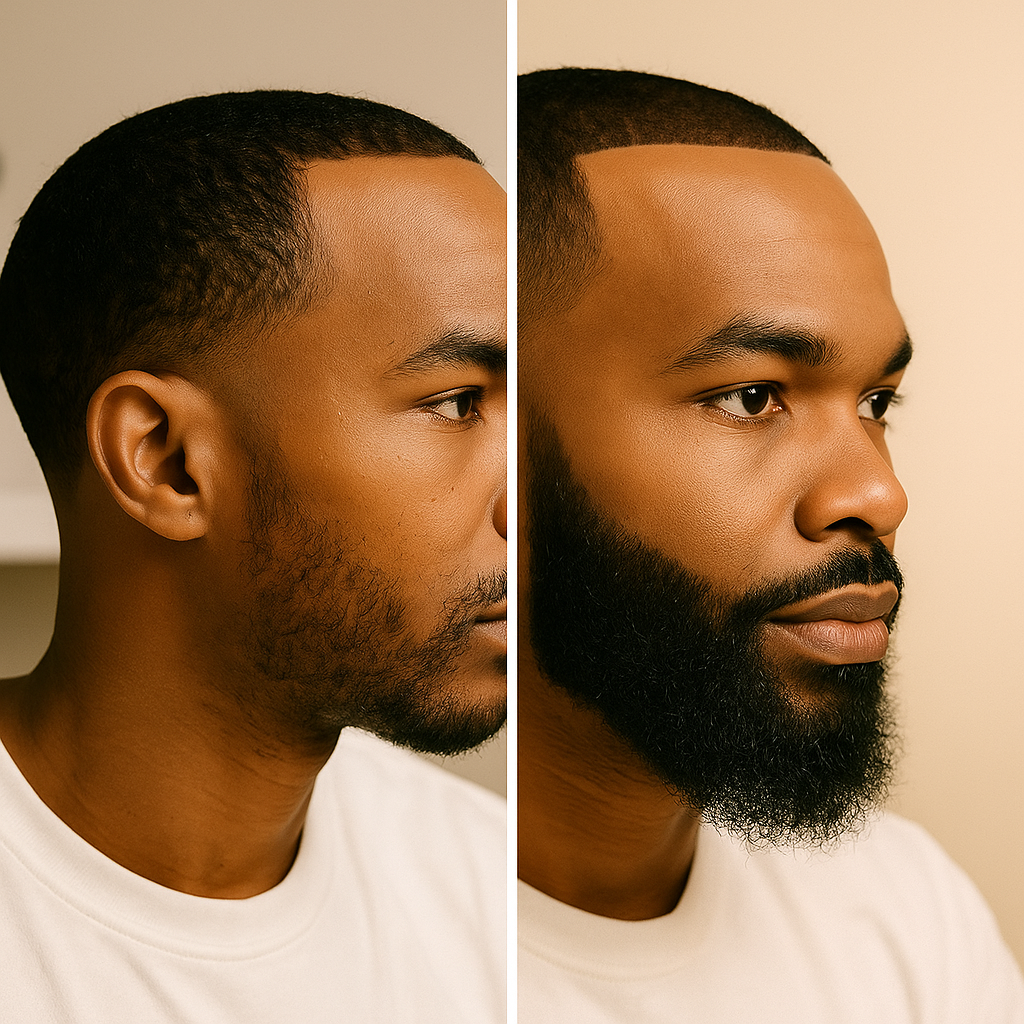 Before and After beard growth results using Grind N Shine products